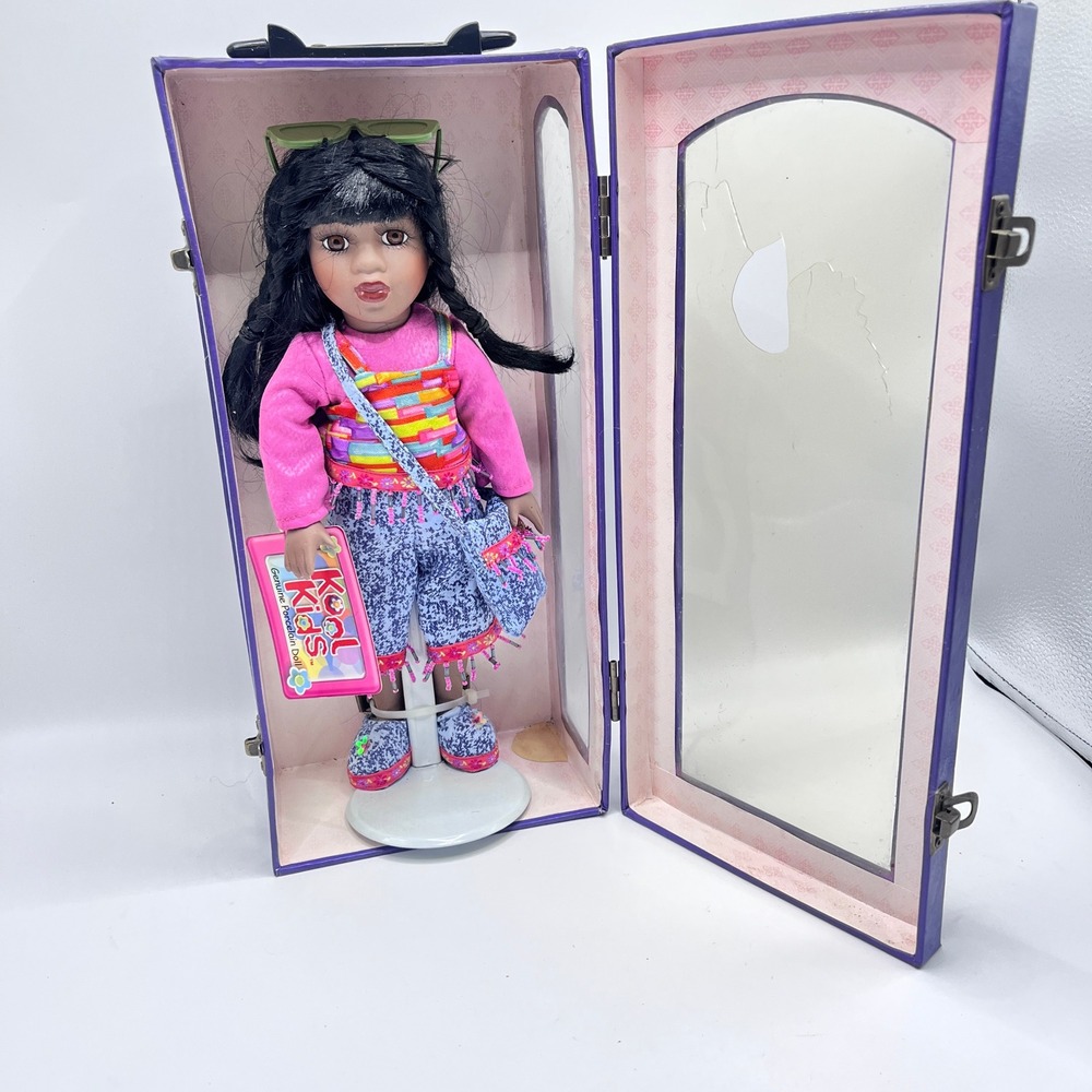 Dandee Kool Kids Genuine Porcelain Doll Black Hair Purple Carrying Case Vintage
